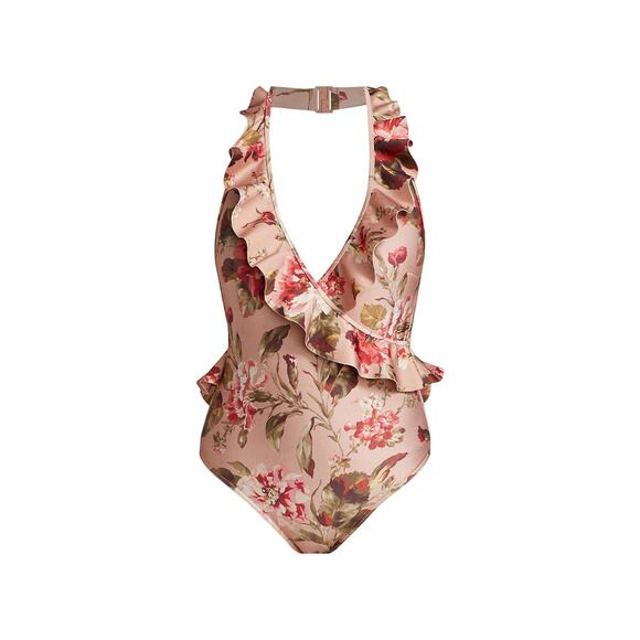 Zimmermann Cassia Frill Ruffle Halter Wrap One Piece Floral Swimsuit - Picture 1 of 11